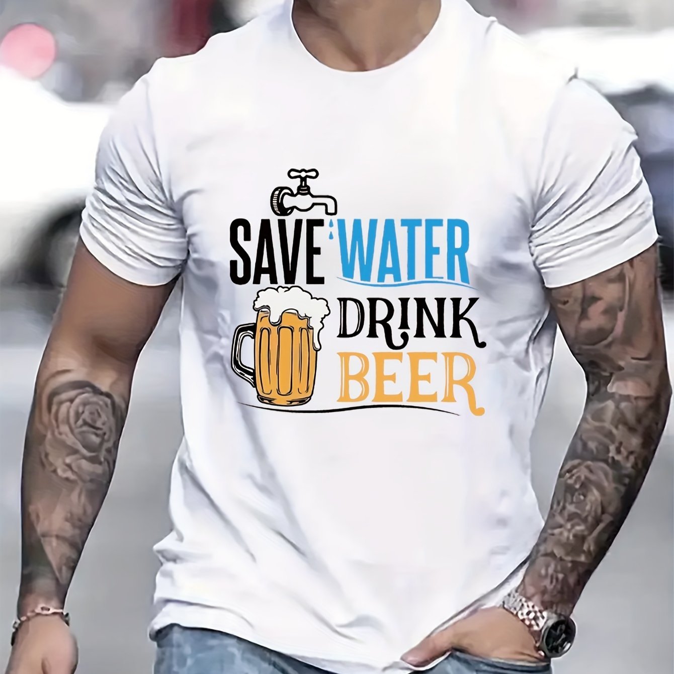 Cherish Water Resources & Drink More Beer Men's Printed Casual T-Shirt – Summer Street Style Round Neck Tee – Noor Mart