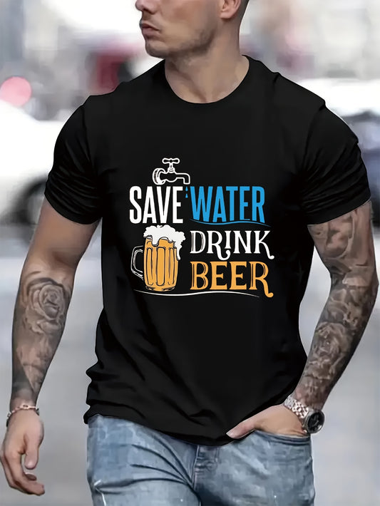 Cherish Water Resources & Drink More Beer Men's Printed Casual T-Shirt – Summer Street Style Round Neck Tee – Noor Mart