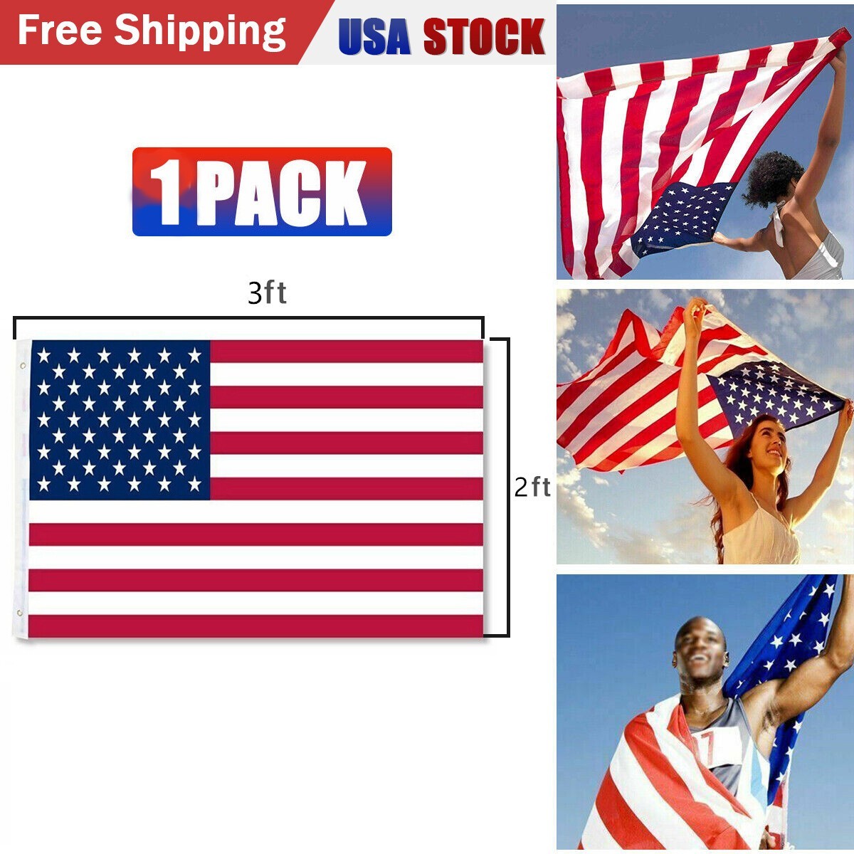 2 X 3 FT American Flag US USA National Double Sided Polyester Brass Grommets 60x90cm Flag – Noor Mart