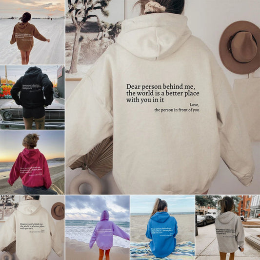 Women’s Plush Letter Printed Hoodie – “Dear Person Behind Me” Kangaroo Pocket Drawstring Sweatshirt – Unisex Trendy Hoodie – Noor Mart