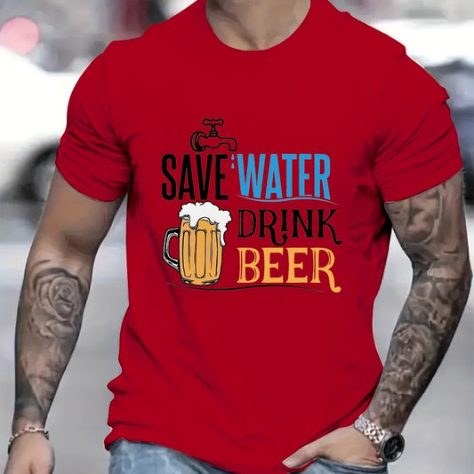 Cherish Water Resources & Drink More Beer Men's Printed Casual T-Shirt – Summer Street Style Round Neck Tee – Noor Mart