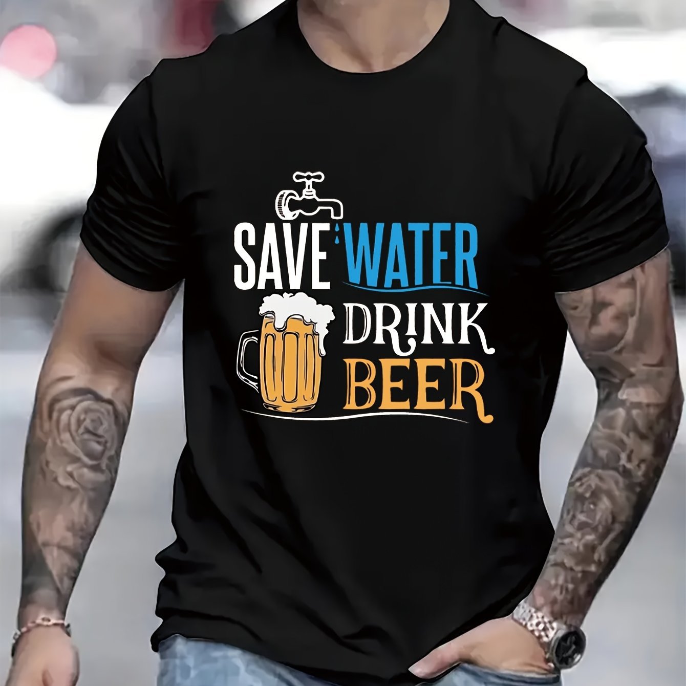 Cherish Water Resources & Drink More Beer Men's Printed Casual T-Shirt – Summer Street Style Round Neck Tee – Noor Mart